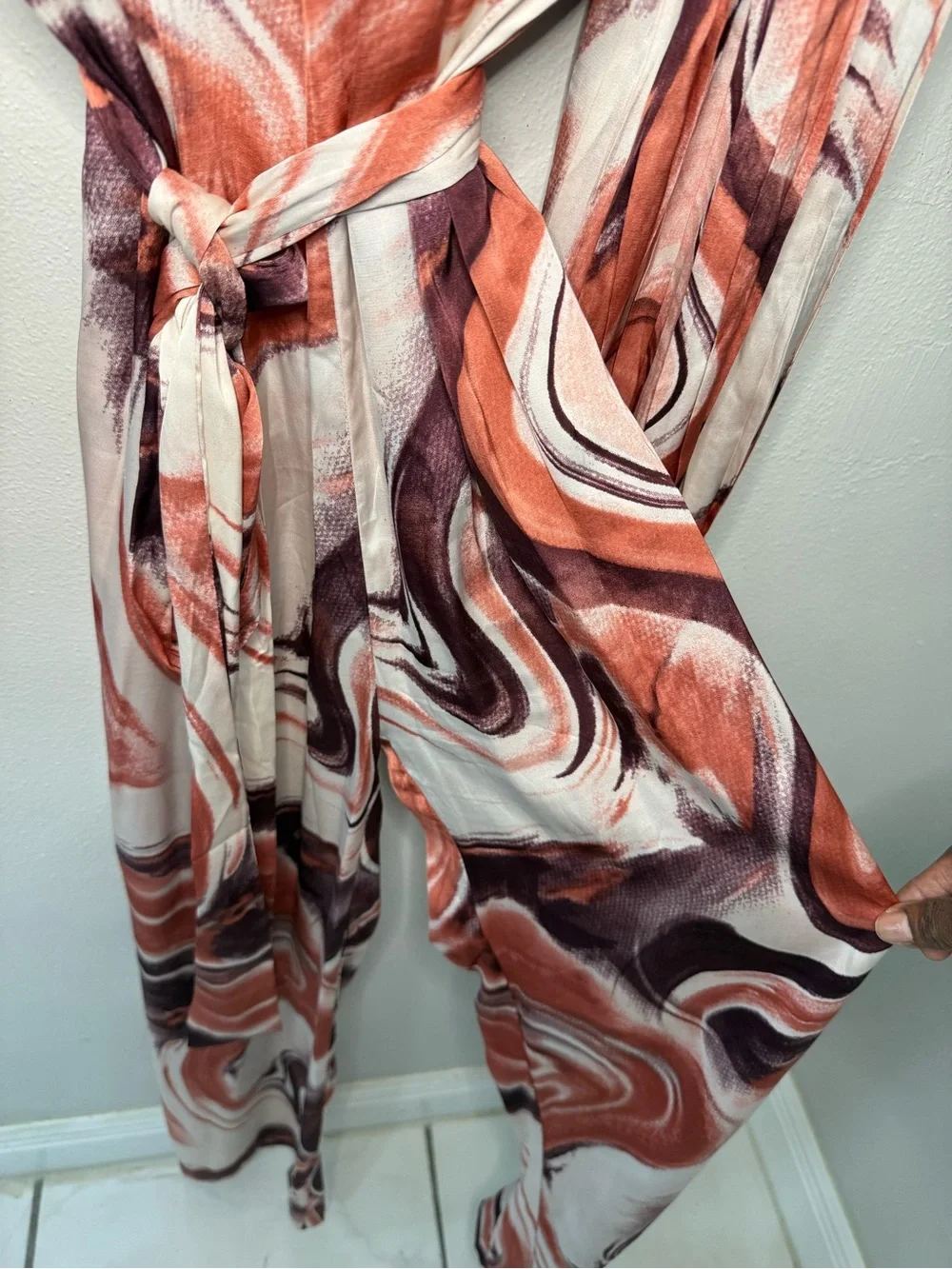 Marble-Print Wide-Leg Jumpsuit in Rust & Plum with Self-Tie Waist